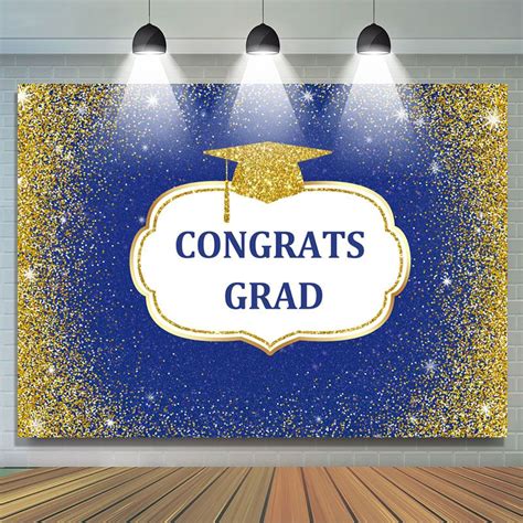 Congrats Grad Royal Gold Glitter Bachelor Cap Graduation Backdrop Christmas Party Backdrop Grad