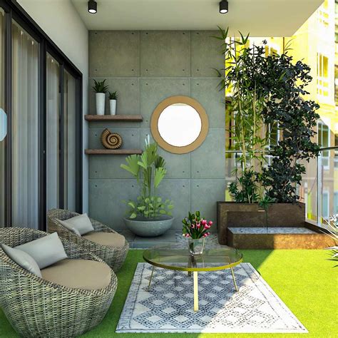 spacious balcony design  cushioned chairs  concrete wall livspace