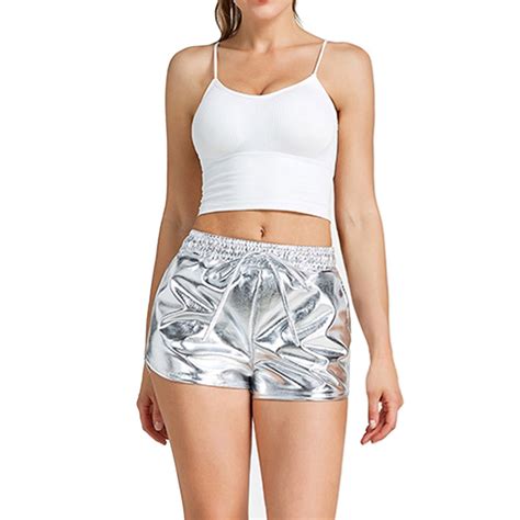 Taylonsss Women Sexy Imitation Leather Pants Nightclub Metal Reflective Trousers Hot Gold Shorts