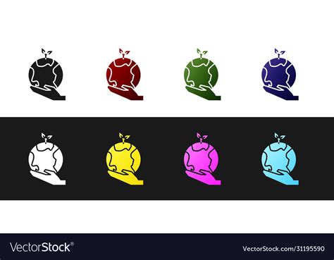 Set Human Hands Holding Earth Globe Icon Isolated Vector Image