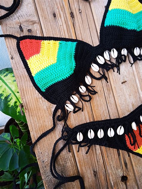 Crochet Bikini Set High Hip Rasta Natural Shells In Red Yellow Etsy
