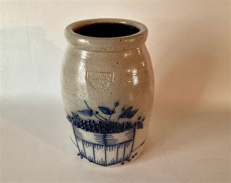 Salmon Falls Salt Glaze Stoneware Crock W Cobalt Blue Basket