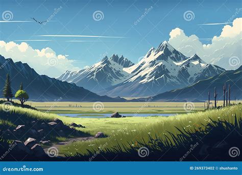 Open Grassy Plains with Snowy Mountains in the Background Stock ...