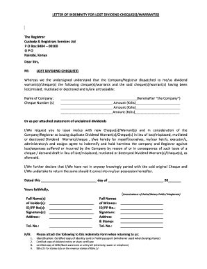 Letter Of Indemnity For Lost Dividend Cheques Crsltd Co Fill And