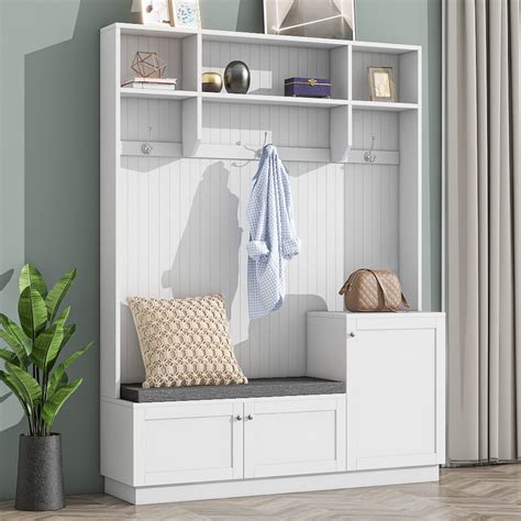 3 in 1 White Hall Tree: Coat Rack, Storage Bench, 3 Hooks, 2 Cabinets ...