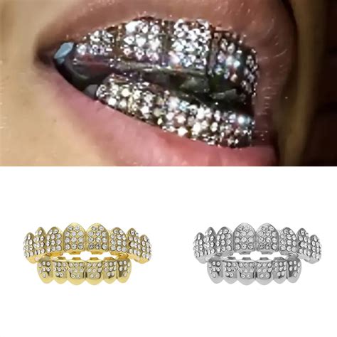 Hip Hop Gold Silver Colour Iced Out CZ Teeth Grillz Top Bottom Men