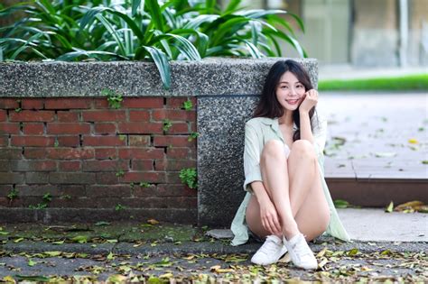 K Asian Brunette Girl Sitting Legs Shorts Blouse Smile Hd Wallpaper Rare Gallery