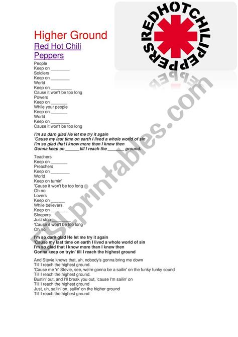 Red Hot Chili Peppers Higher Ground ESL Worksheet By Mixelandro