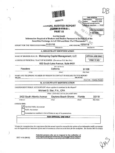 Fillable Online AUDITED REPORT FORM X 17A 5 PART Lil MainSpring Capital