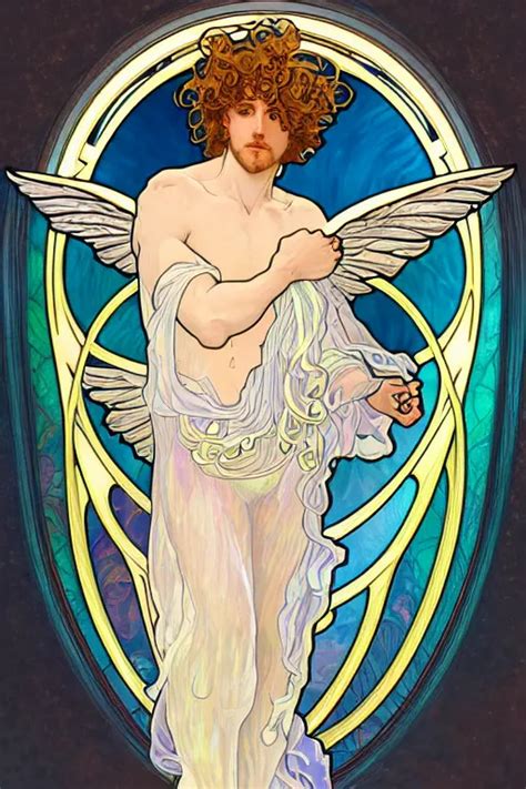 Full Figure Art Nouveau Window Depicting A Male Angel Stable Diffusion