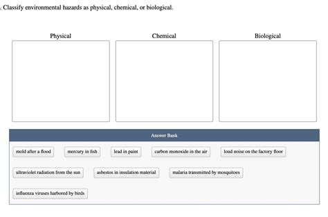 Solved Classify environmental hazards as physical, chemical, | Chegg.com