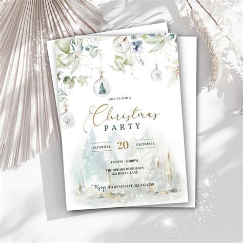 A Christmas Party Flyer With Ornaments And Snowflakes On The Table Next To It