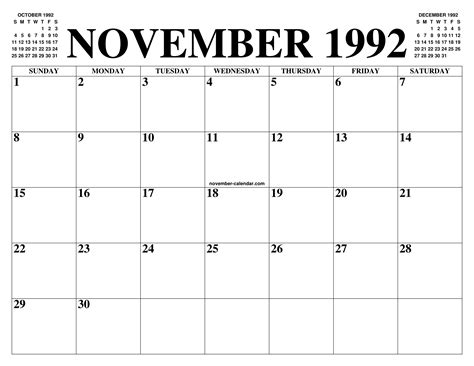 November 1992 Calendar Of The Month Free Printable November Calendar