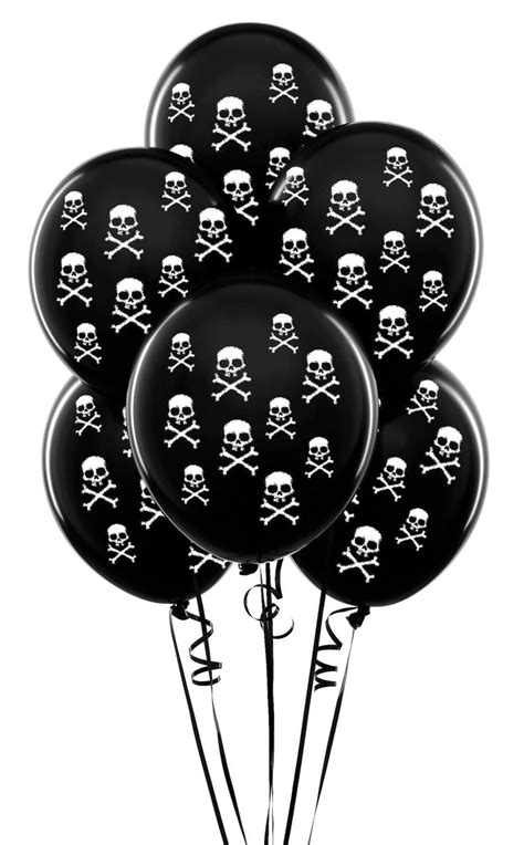 A Bunch Of Black Balloons With Skulls And Crossbones On Them All Tied