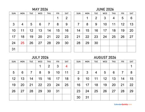 May to August 2026 Calendar | Calendar Quickly