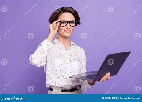 Portrait Of Nice Brunette Short Hair Optimistic Lady Type Laptop Wear