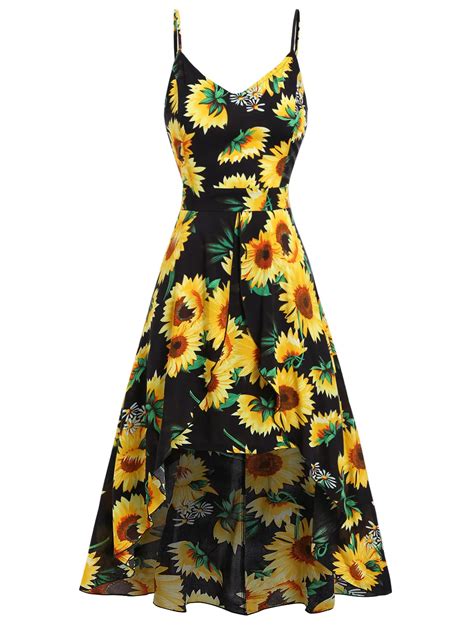 Wipalo Women Plus Size Sunflower Printed Cami Maxi Dress Split High Low Hem Casual Holiday Dress