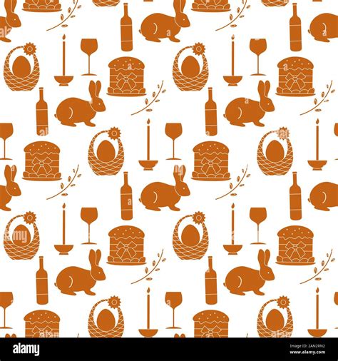 Vector Seamless Pattern Happy Easter Candle Easter Cake Egg In Basket Bunny Pussy Willow
