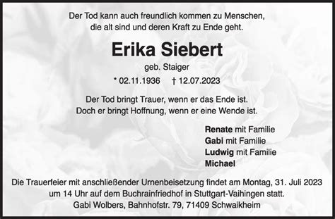 Traueranzeigen Von Erika Siebert Stuttgart Gedenkt De