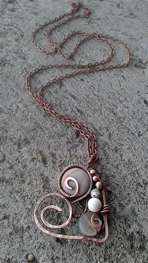 Copper Wire Heart Pendant With Natural Gems On Long Copper Chain Copper