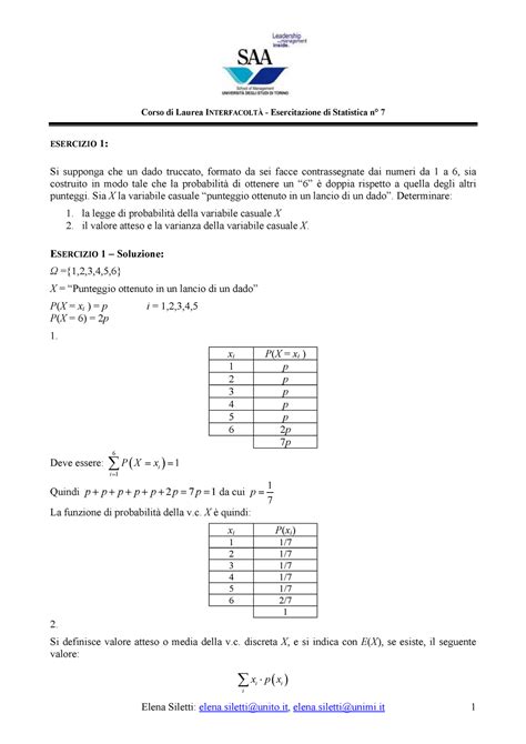 Esercitazione probabilità statistica Corso di Laurea Esercitazione di