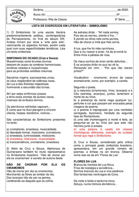Exercícios Simbolismo - Lista de exercícios em literatura – Simbolismo | Notas de estudo ...