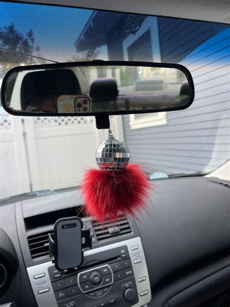 Disco Ball Rearview Mirror Hanging Car Charm With Pompom Etsy