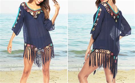 Damen Bikini Cover Up Sommer Strandkleider Bademode Crochet Stricken Spliced Quaste Kleider