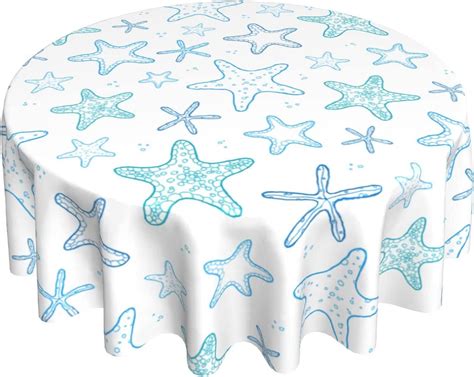 Nautical Coastal Tablecloth Round 60 Inch Rustic Blue Ocean Starfish