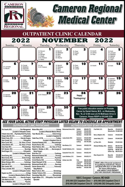 Outpatient Clinic Calendar Cameron Regional Medical Center Cameron Mo
