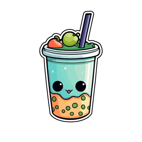 Boba Drink Sticker Cool Colors Kawaii Clip Art Illustration