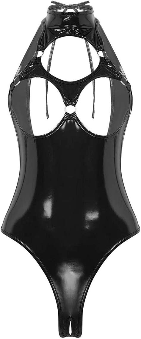 CHICTRY Women S Wet Look Patent Leather Lingerie Cupless Crotchless Leotard Bodysuit Black One