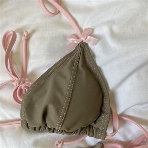 Brown And Pink Contrast Stitch Coquette Bikini Set Depop