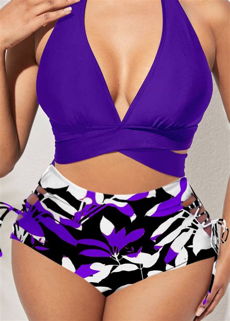 Purple High Waisted Floral Print Bikini Bottom Rosewe USD 9 98