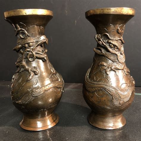 Proantic Chine Paire De Vases En Bronze Xixe Dragon