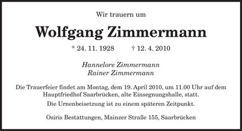 Traueranzeigen Von Wolfgang Zimmermann Saarbruecker Zeitung Trauer De