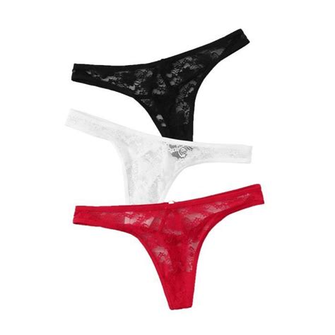 3PC Femmes Dentelle Fleurs Creux Sous Vêtements Culottes G string Lingerie Strings l10301 Noir