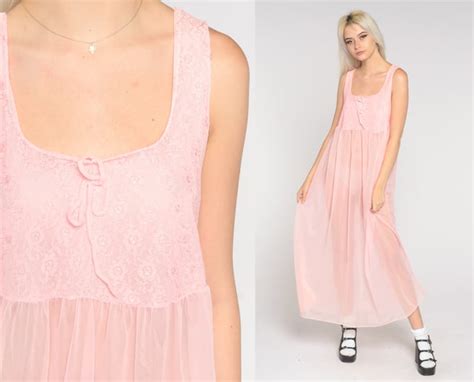 Bubblegum Pink Nightgown Sheer Lace Slip Dress S Maxi Night Gown Boho Lingerie Vintage S