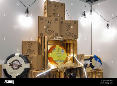 Kyiv, Ukraine - March 29, 2023: Zinka cheese Ukrainian company booth