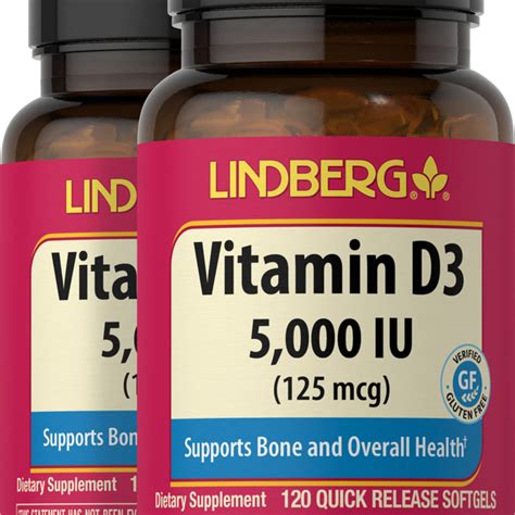 Vitamin D3 5000 Iu 120 Quick Release Softgels 2 Bottles Lindberg