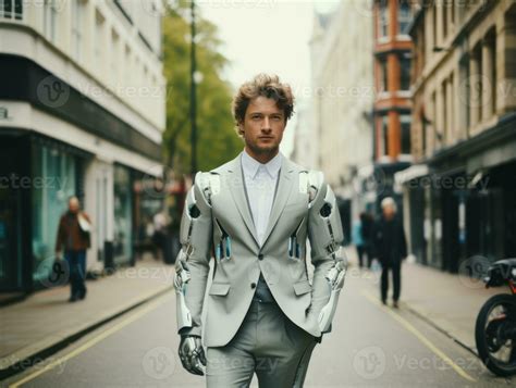 man in futuristic clothes enjoys a leisurely stroll through a city ...