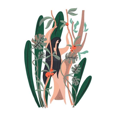 Woman With Long Hair Standing Surrounded Green Plants Naked Body Stock Vector Illustration Of