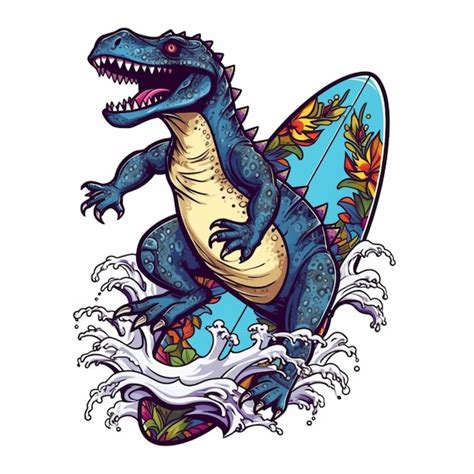 Un dinosaure de dessin animé sur une planche de surf avec une planche