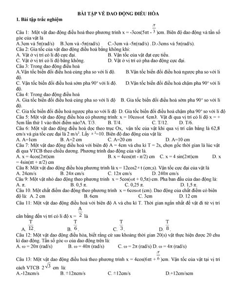 Đhdh Lớp 12 Vật Lý BÀi TẬp VỀ Dao ĐỘng ĐiỀu HÒa Bài Tập Trắc Nghiệm Câu 1 Một Vật Dao động