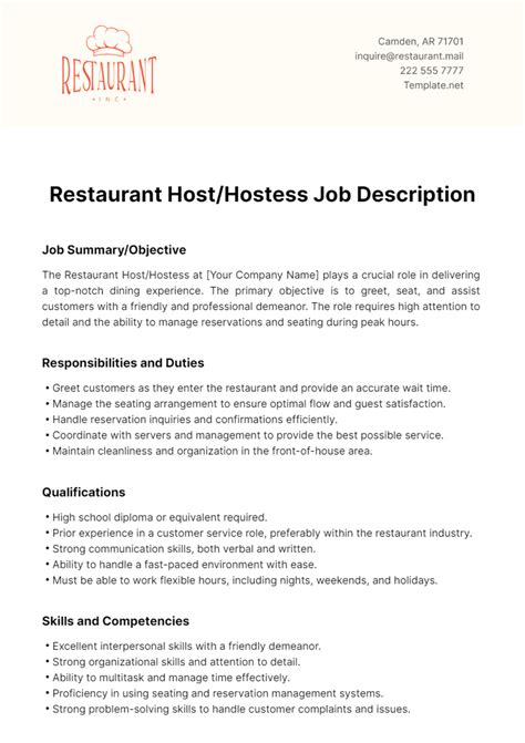 Free Restaurant Host/Hostess Job Description Template - Edit Online & Download | Template.net