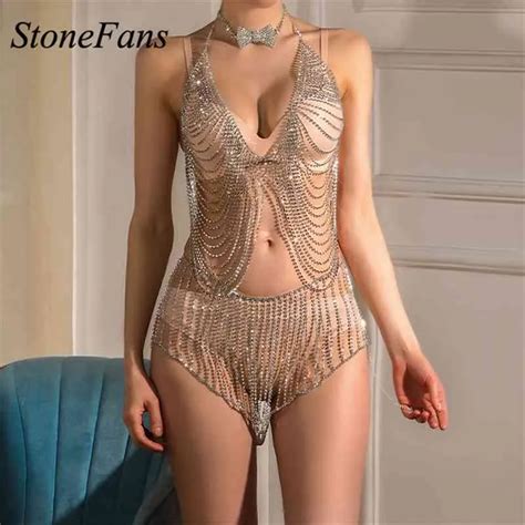 Stonefans Vintage Rhinestone Body Harness Set With Crystal Lingerie Crystal Chain And Bra Luxury
