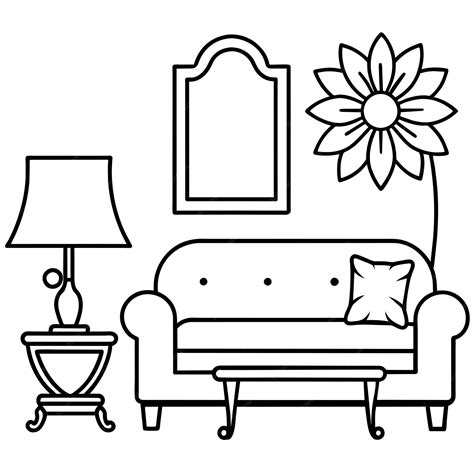 Premium Vector | A drawing of a couch with a flower on the wall