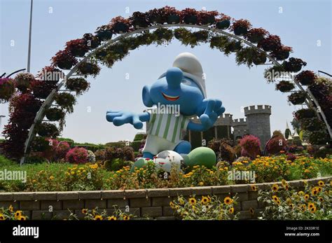 Dubai UAE June 01 2022 A Giant Figure Of A Smurf Playing Football