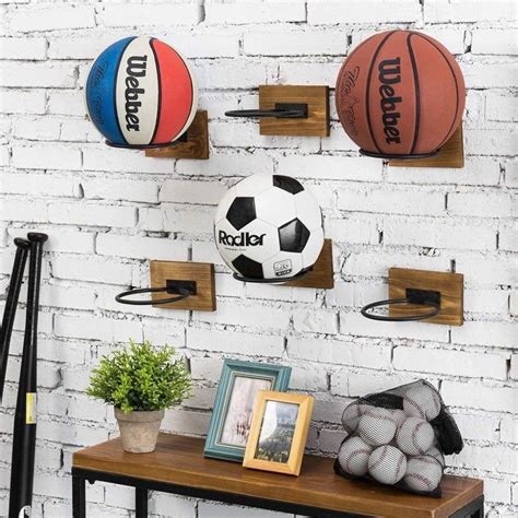 Wood Black Metal Wall Mounted Sport Ball Storage Rack Display Holder
