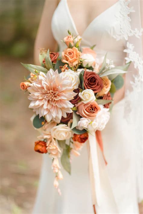 Small Cascade Bridal Bouquet In Sunset Terracotta Fall Wedding